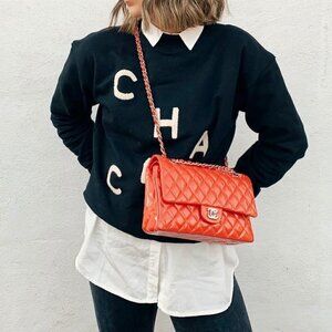 ELLANDEMM  Black CHA CHA Fuzzy Letter Crew Neck Sweatshirt S